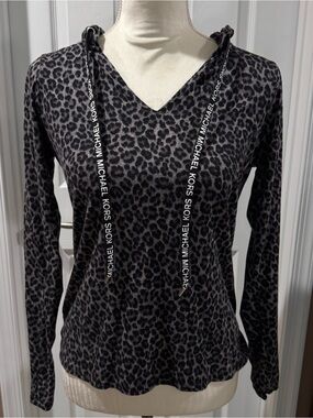 Michael Kors Charcoal & Black Leopard Print V-Neck Hoodie